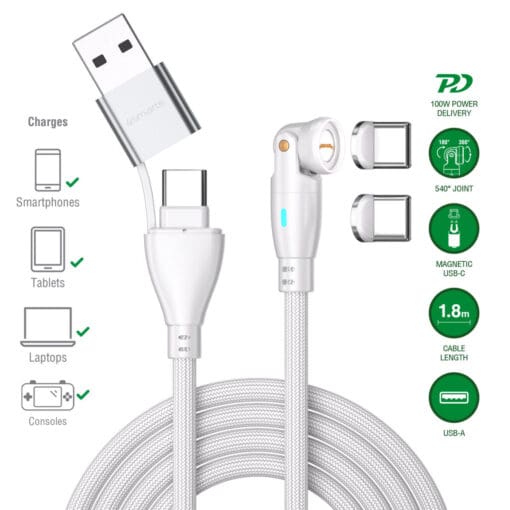 4smarts USB-C/A 540° Magnetkabel GravityCord 100W 1,8m weiß